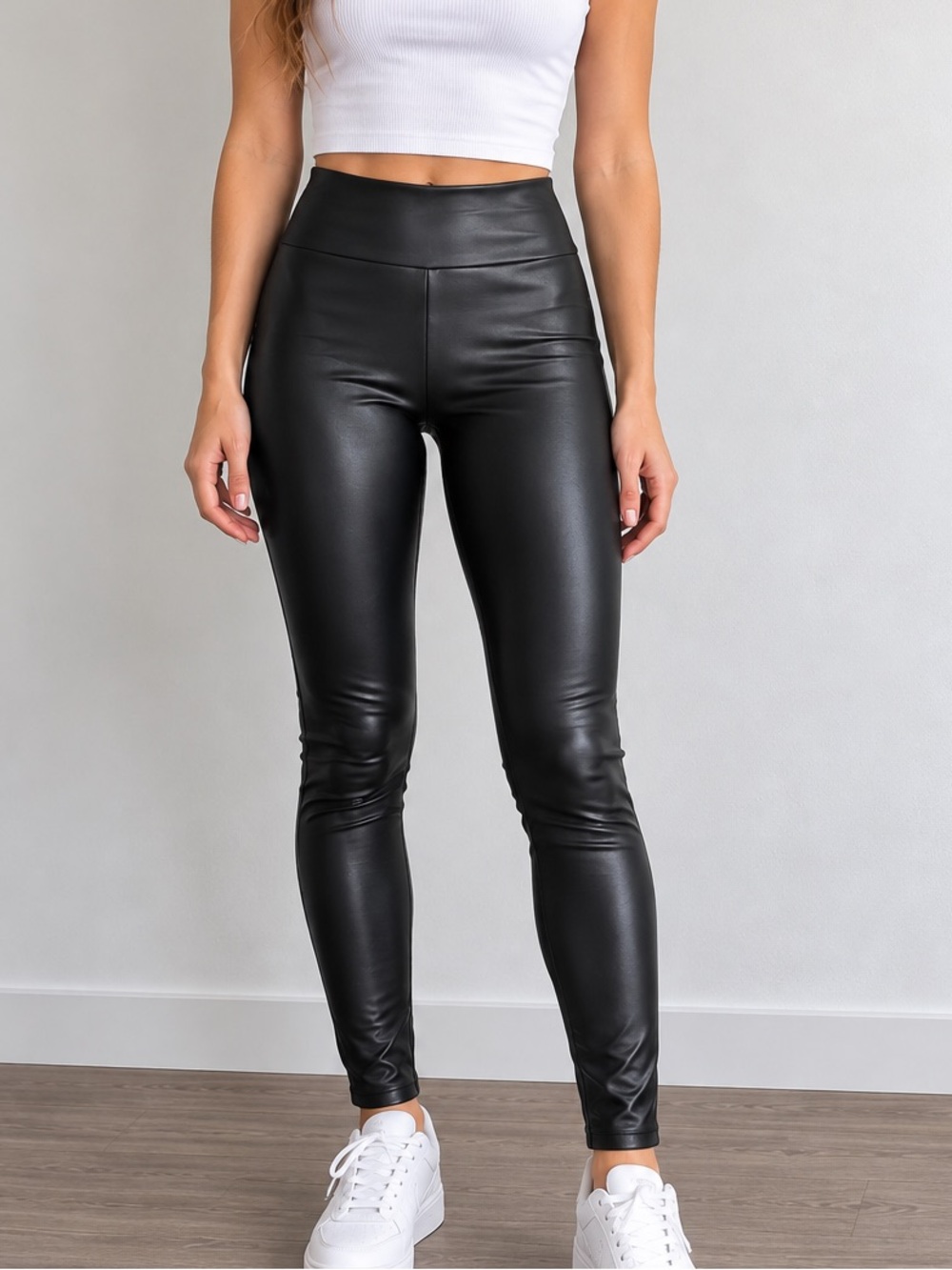 Black Faux Leather Leggings High Rise Pull-On Thick Quality Fleece Lined Size M
